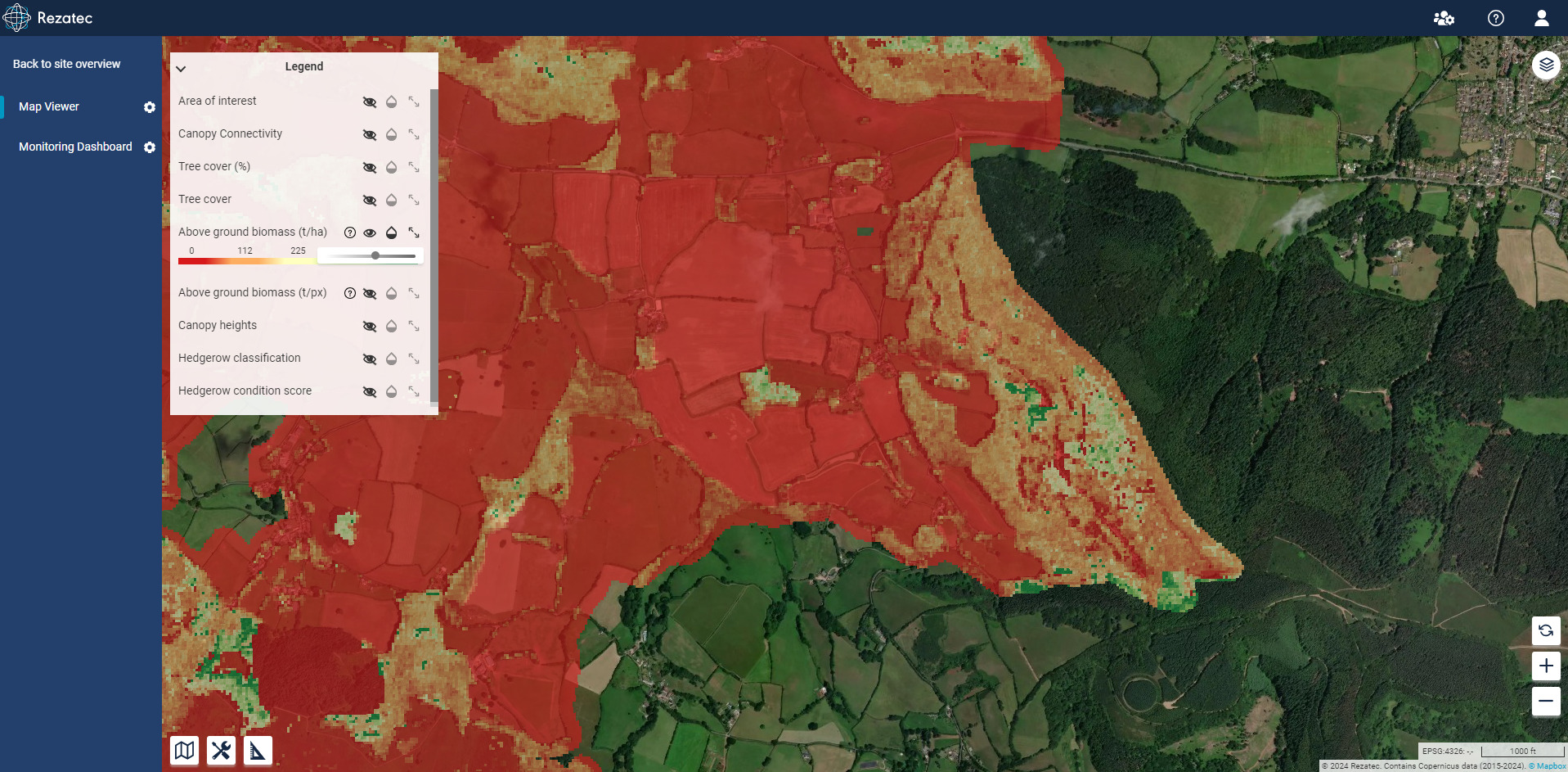 Map view shows above ground biomass per hectare