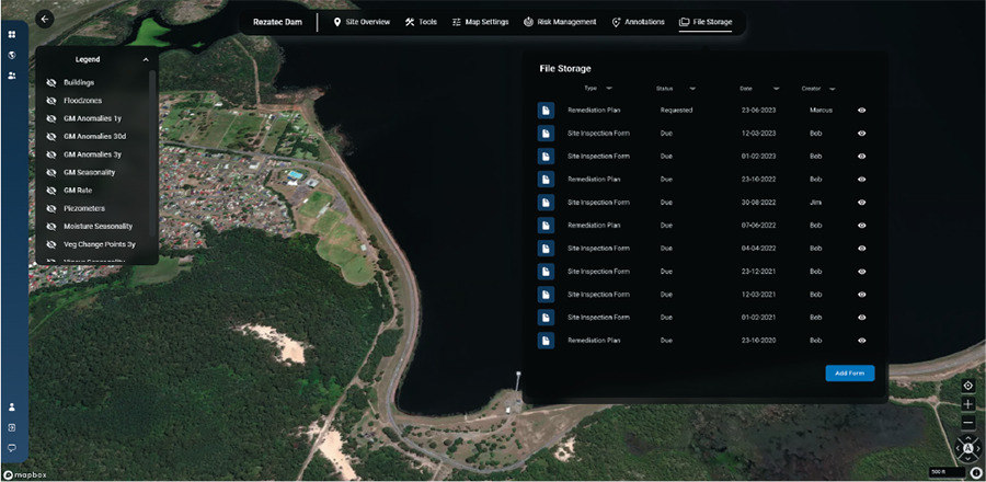 Rezatec dam monitoring platform: document repository and document upload.