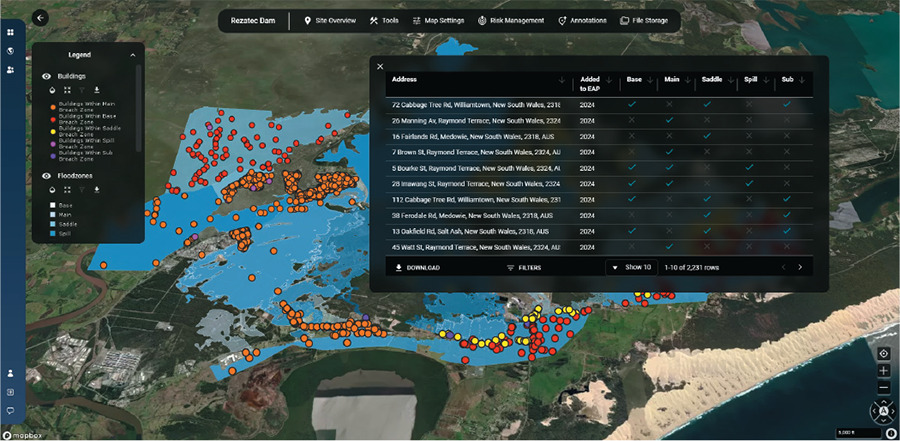 Rezatec dam monitoring platform: flood zone map, building and address identification.